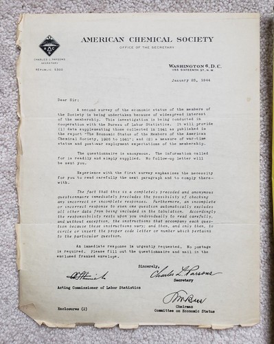 HISTORIC RARE OLD CHEMIST CHEMICAL SECRETARY CHARLES L PARSONS LETTER 1944 5300
