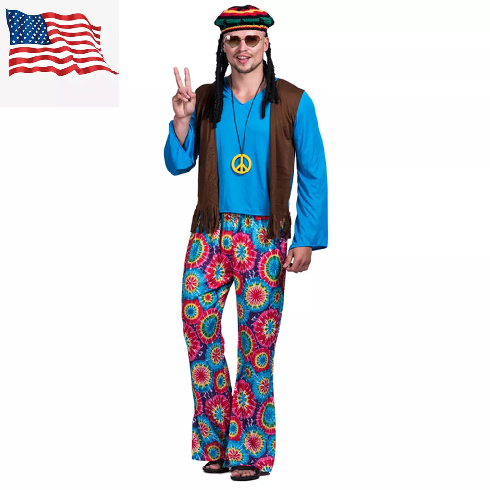 Men's 1960s 70s Adult Hippie Love Peace Costume US Shipping