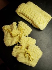 Vintage Hand Knitted Baby Size Hat, Mittens  Booty Set