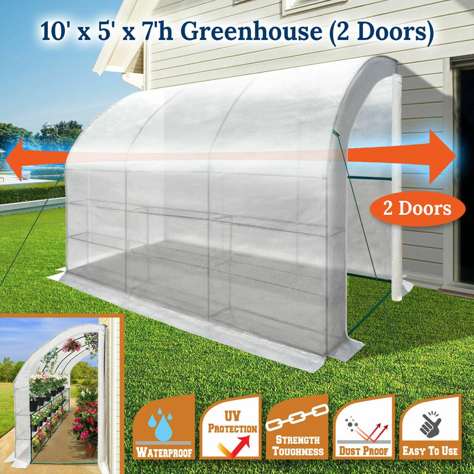 10x5x7'H Large Walk-In Wall Half Greenhouse w 3 tiers 6 Shelves Green White Yard