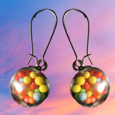 Ohrringe grau silberfarben bunt Gummi Kugel Retro Party Geschenk Q651