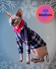 Cozy Fleece Hoodie for Cats - MEDIUM, Plaid Cat Sweater with Hood, Warm Pajamas