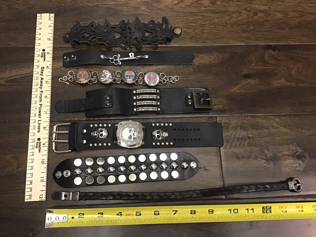 7 Lot Nemesis Heavy Duty Skull Watch Studded Skull Leather Cuff Band Linea Pelle View 2