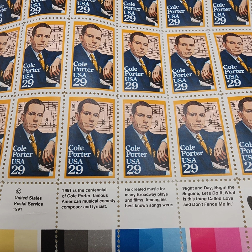 US Postal Stamp Plate Block 1991 Cole Porter American Composer 29 Cent Sheet 39 - Image 3 of 4