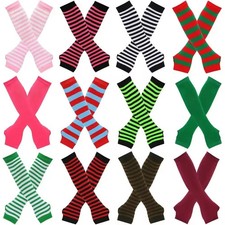 Knitted Long Fingerless Gloves Striped Arm Warmers Emo Gothic Winter Mittens
