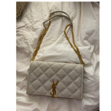 Saint Laurent Beige Quilted Logo Shoulder Bag Gold Chain Strap Magnetic