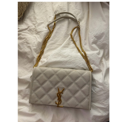 Saint Laurent Beige Quilted Logo Shoulder Bag Gold Chain Strap Magnetic