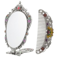  Retro Makeup Mirror Comb Foldable Travel Woman Hand with Handle Small
