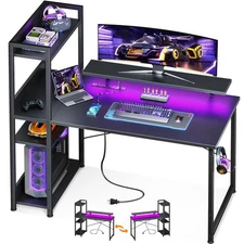 Reversible Gaming Desk LED Lights, 40 Inch Computer Desk with Storage Shelves...