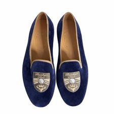 Stubbs Wootton Men s Navy Velvet Smoking Slippers Bunker Club Crest Loafers