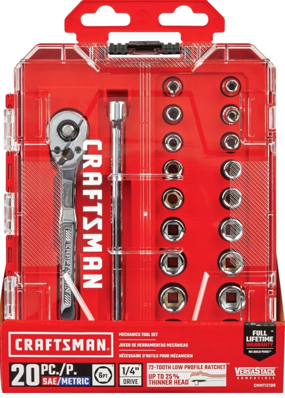 Набор инструментов CRAFTSMAN 20 штук 1⁄4 дюйма привод SAE/метрическая механика с жестким корпусом - Изображение 2 из 4