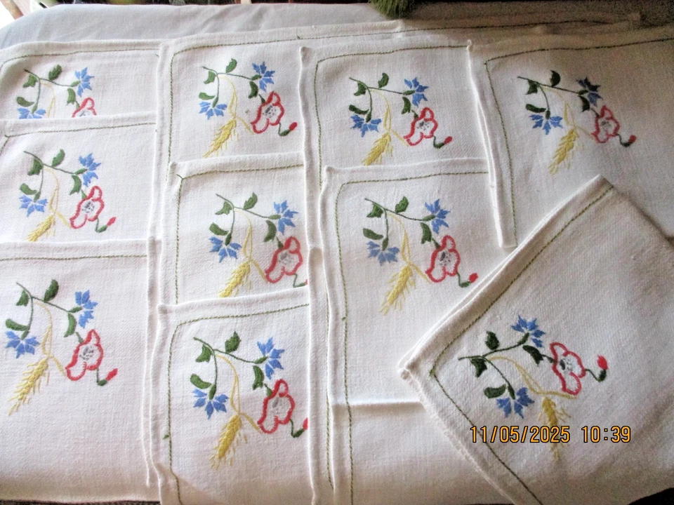 TEXTILE ANCIEN  LINGE DE TABLE 10 SERVIETTES  LIN ET CHANVRE BRODERIE BOUQUET BE - Photo 2/4