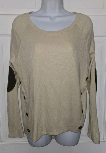 YA LOS ANGELES tan Knit Side Button Elbow Patch Cotton Blend Pullover Sweater M - Picture 1 of 7