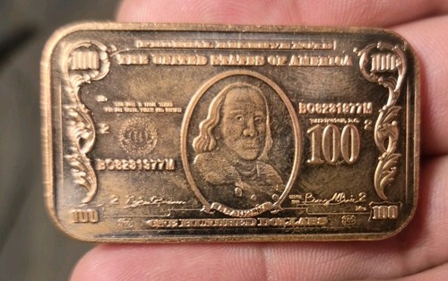 1 oz Copper Bar - $100 Ben Franklin Note .999 - Picture 1 of 7