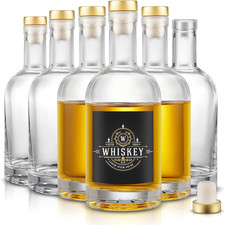 Set of 6 Glass Bottles, 12 oz Clear Liquor Bottles, Heavy Base Glass Bottle with