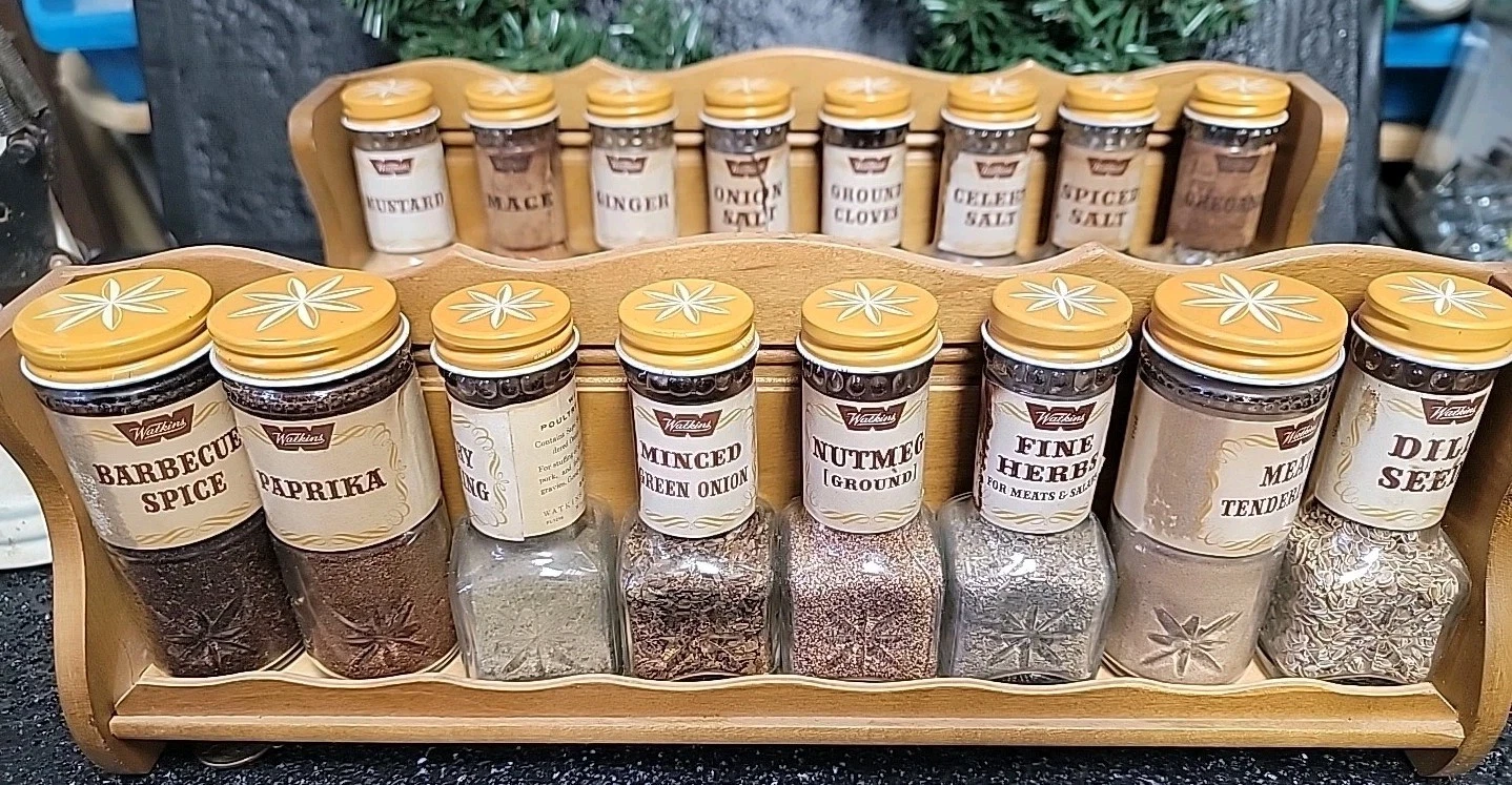 Vintage WATKINS STAR/SQUARE SPICES (16) AND RACKS (2)