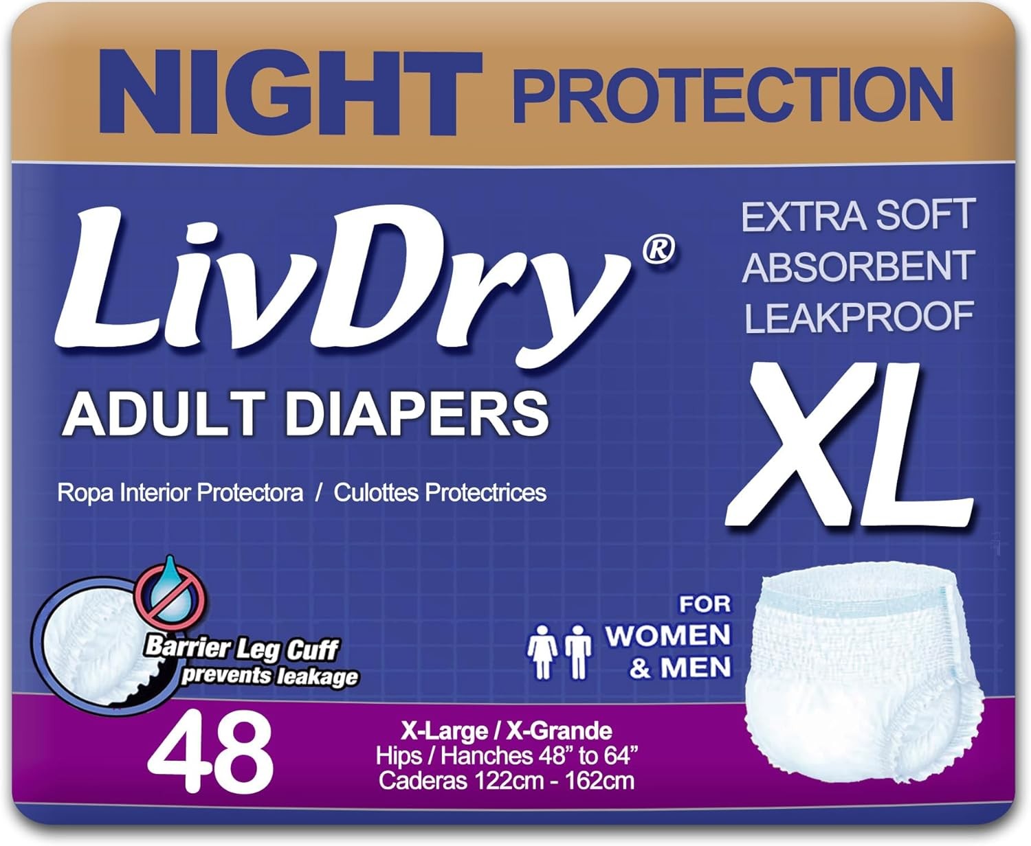 LivDry Adult XL Incontinence Underwear, Overnight Comfort Absorbency, Leak Prote