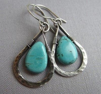 Boho Hammered Thick Lines with Turquoise Hanging Silver Plated Dangle Earrings