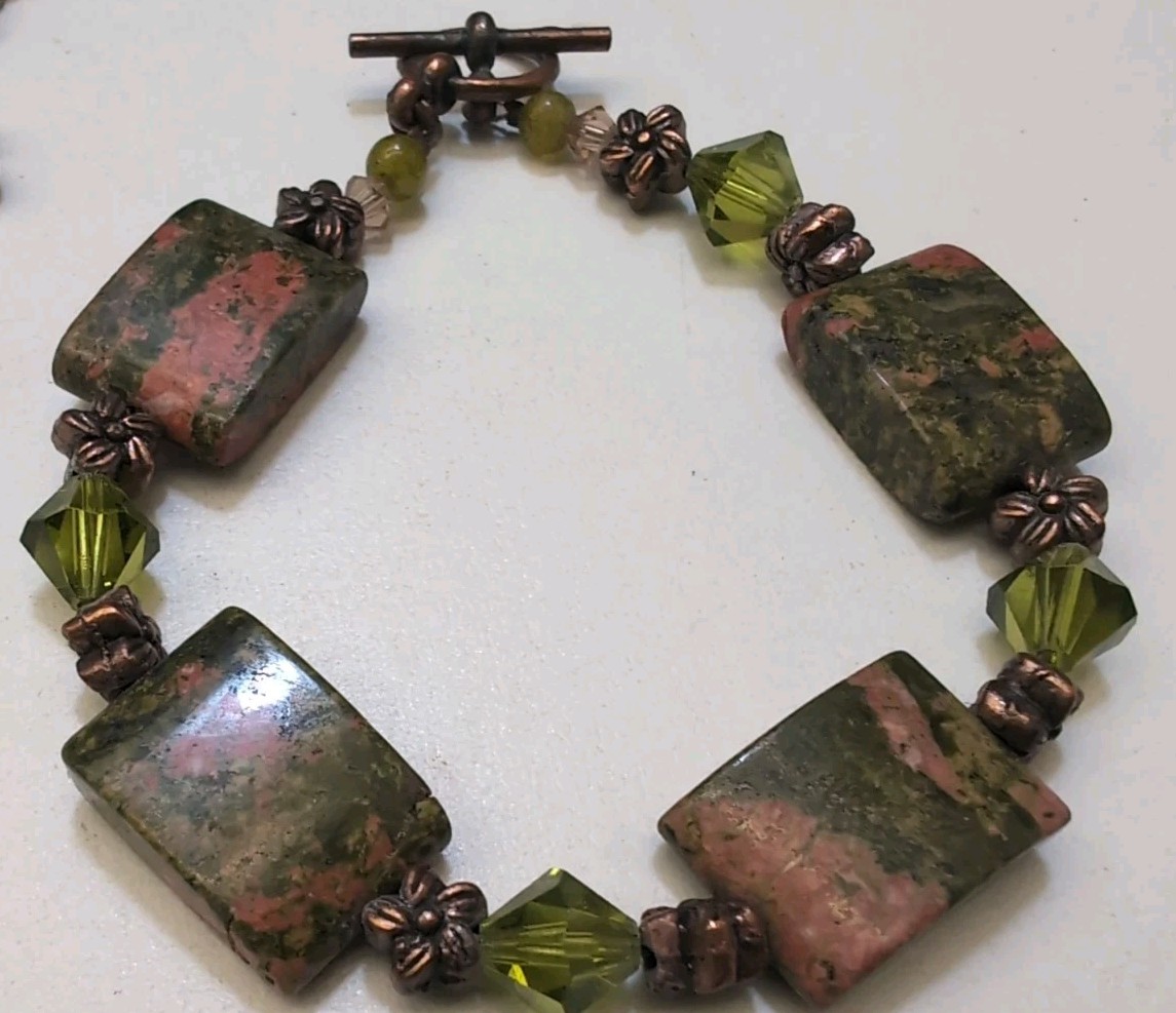 copper chain, green  pink beaded  rectangular jas… - image 7