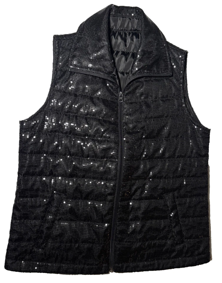 Women's Sequin Quilted Vest Black Full front Zipper Pockets Full Pointed Collar - Image 3 of 4