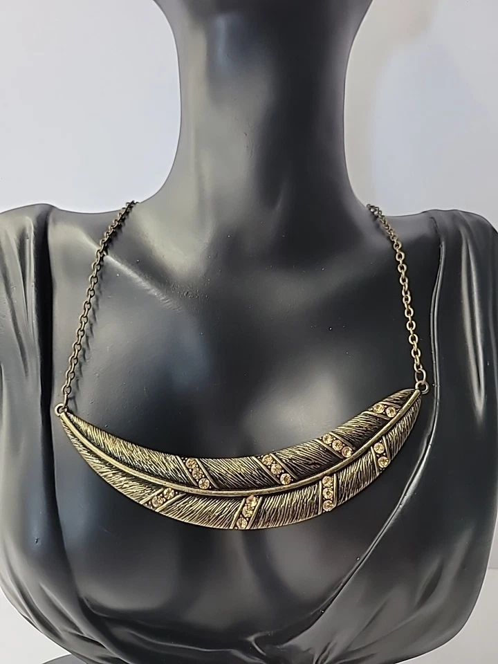 Collar Colgante Pluma Tono Bronce Cristales Naranja Joyería Disfraz Vintage Foto 4 de 4