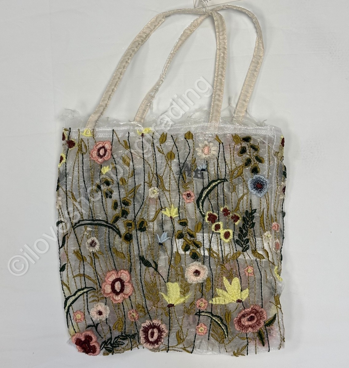 ZARA CREAM ORGANZA TULLE FLORAL EMBROIDERY TOTE BAG MULTI
