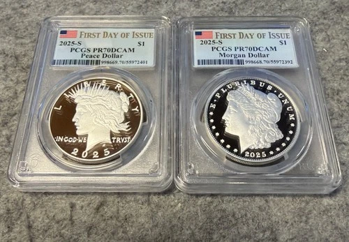 2025-S (PR70) Proof Morgan & Peace Silver Dollar (2 Coin Set) FDOI PCGS Presale