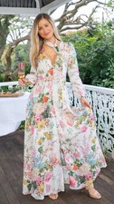 ZIMMERMANN-SIZE 0 (AU 8/US 4)-HEATHERS PLUNGE LINEN FLORAL V NECK  MAXI DRESS