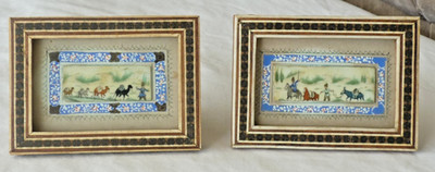 Paar alte persische Miniatur Kamelknochen Gemälde. Gerahmtes Kunstwerk. Sehr guter Zustand