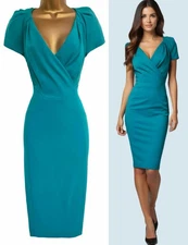 KAREN MILLEN ❤ CLASSIC TURQUOISE CREPE TAILORED PENCIL COCKTAIL DRESS ❤ UK 10