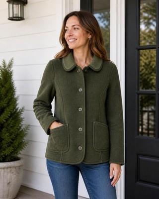Vintage L.L. Bean Olive Green Fleece Button-Up Jacket with Pockets Size Large