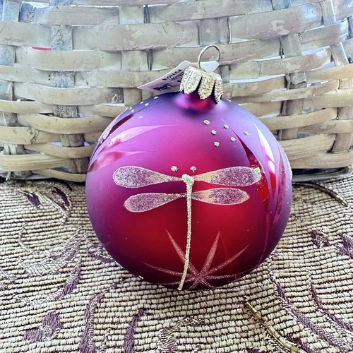 Pier 1 Christmas Tree Ornament Red W/ Gold Glitter Dragonfly Star