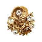 Vintage Miriam Haskell Gold Faux Pearl Rhinestone Flower Clasp Brooch Pin