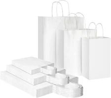 90 Pack White Kraft Paper Bags with Handles Bulk, 3 Assorted Sizes Gift Wrap Bag