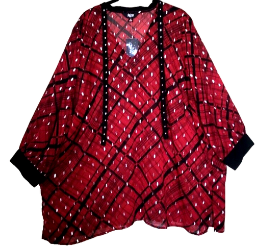 Slim Factor NWT Beautiful Long Loose Lagenlook Topper Plus 2X Red Black Silver
