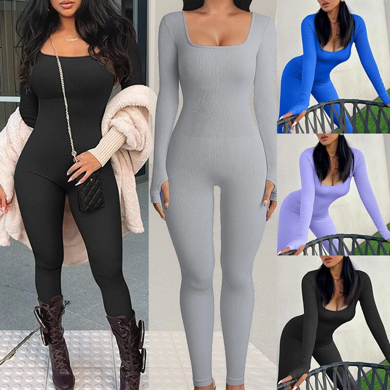 Womens Ribbed Bodysuit Jumpsuit Low Cut Stretchy Playsuit Party Rompers Leggings
