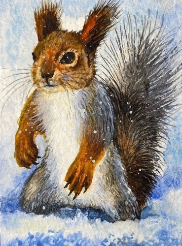 Watercolor Painting Squirrel Snow Winter Animals ACEO Art