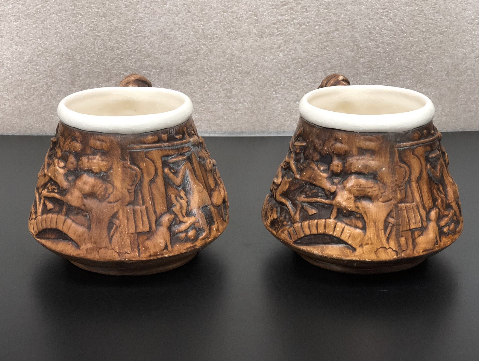 Set/2 Vintage 1958 Treasure Craft Chalkware 'Tale of Tam O' Shanter' Coffee Mugs