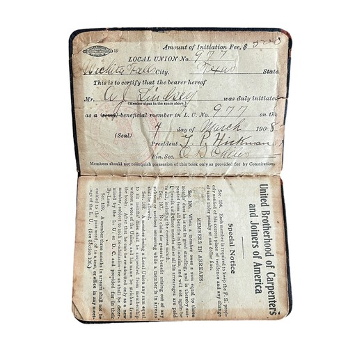 1908 United Brotherhood of Carpenters and Joiners of America Dues Book Antique