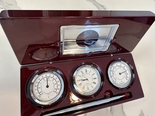 HoMedics Cherry Finish Desk Set w/ Photo Frame Clock Temp Hygrometer & Pen