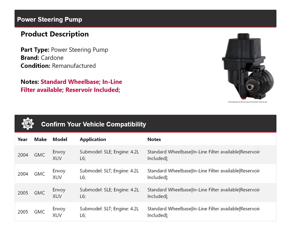 Bomba de dirección asistida Cardone para GMC Envoy XUV 2004-2005 4,2 L L6 Foto 2 de 4
