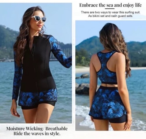 JASAMBAC Women's 3 Piece Rash Guard Swimsuit Boy Shorts Bathing Suit - Picture 5 of 7