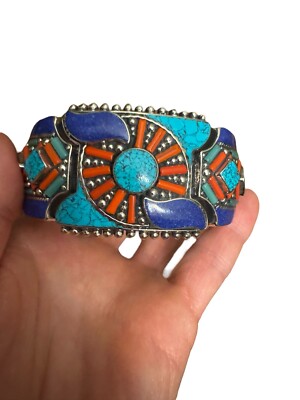 Lapis Lazuli Mixed  cuff Ornate bracelet wide Metal Multi Stone Thick Statement