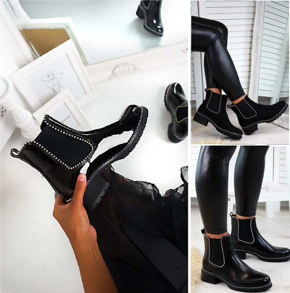 LADIES WOMENS LOW BLOCK CHUNKY HEEL SOLE CHELSEA STUDDED ANKLE SHOES BOOTS SIZE