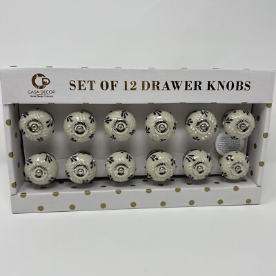 Casa Decor Ceramic Drawer Cabinet Doorknob Pulls Knobs Set of 12 Navy White