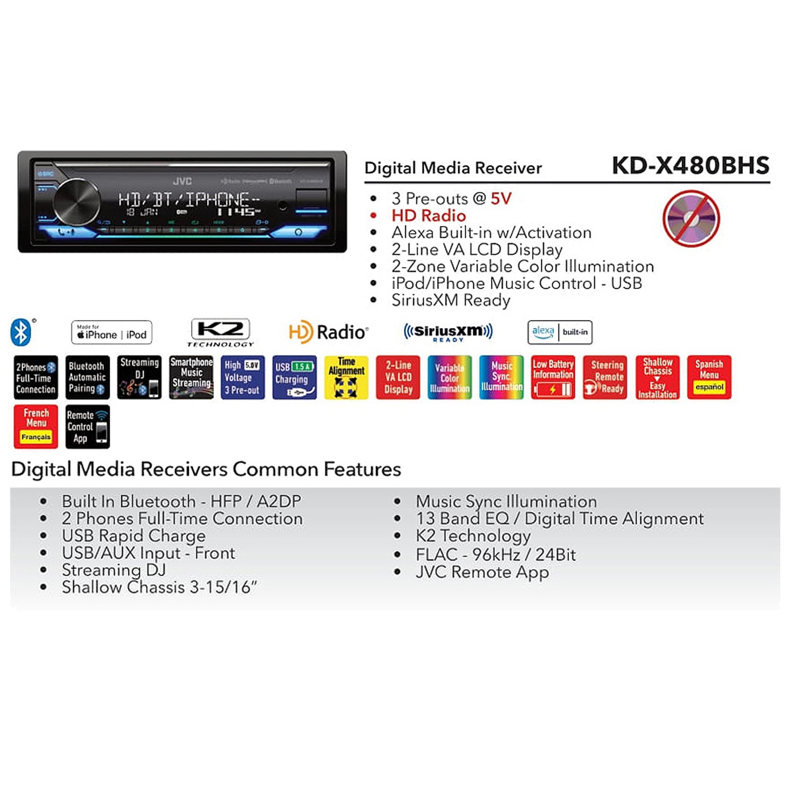 JVC KD-X480BHS Single DIN Bluetooth USB AUX LED AM/FM Audio Car Stereo Receiver