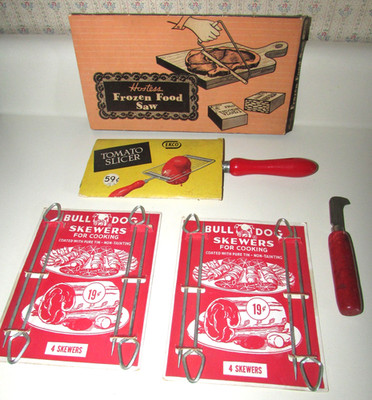 NOS Kitchen Tools: EKCO Tomato Slicer-Food Saw-Bull Dog Skewers Etc