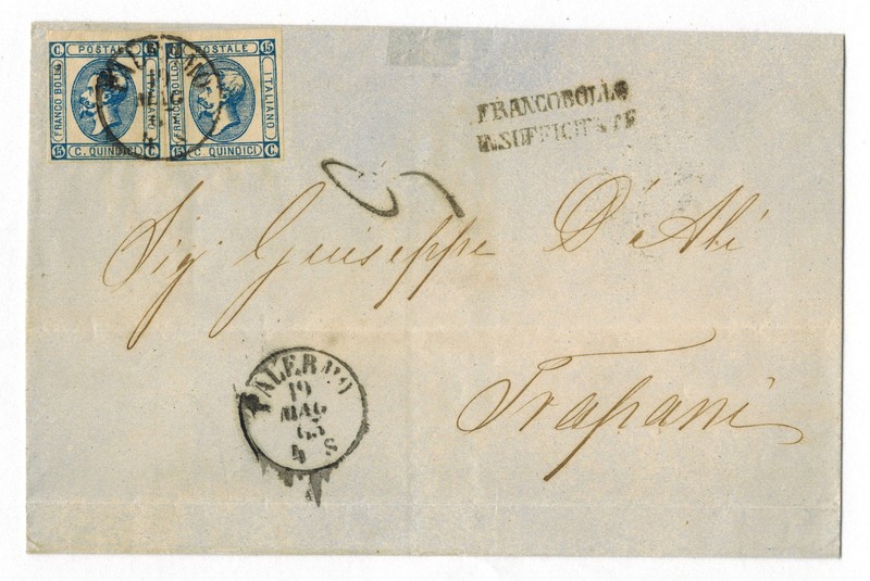 1863 Italy SFL Cover postmarked PALERMO to TRAPANI Pair of #23 Blue 15c Stamps