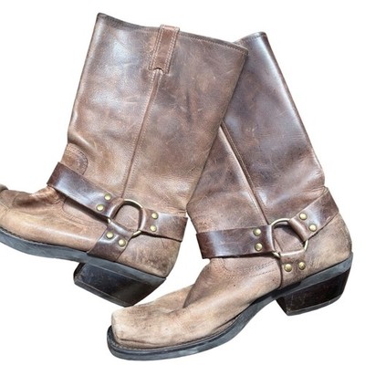 Frye Style Vintage Brown Leather Harness Boots Square Toe Western Goodyear