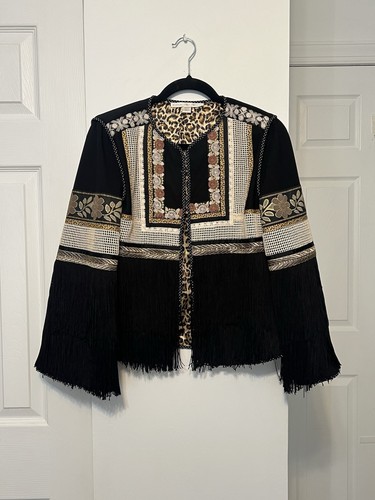 Chic Boston Proper Leopard Print Jacket Bohemian Embroidered Fringe Open Front.